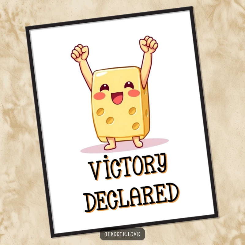 Funny cheese digital art print, a jubilant cheese slice with arms raised high, celebrating a monumental victory.