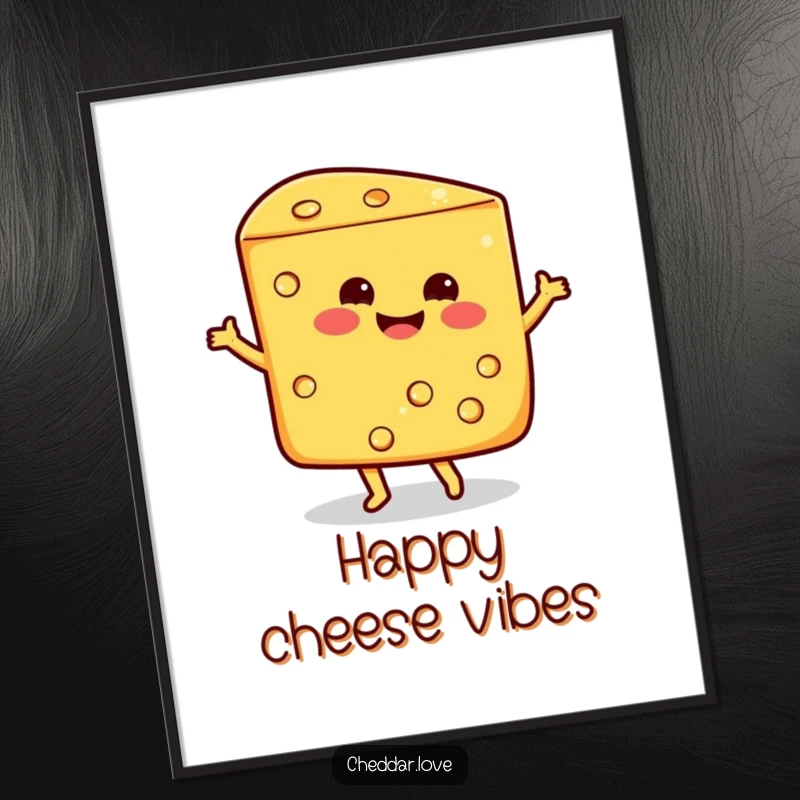 Funny smiling wedge of cheddar cheese doing a happy dance, a downloadable digital art print for cheerful decor.