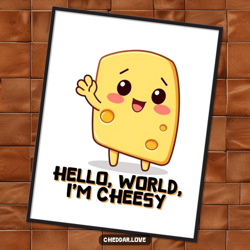 Funny digital art print: A wedge of cheese waves enthusiastically, humorous artwork for instant decor.