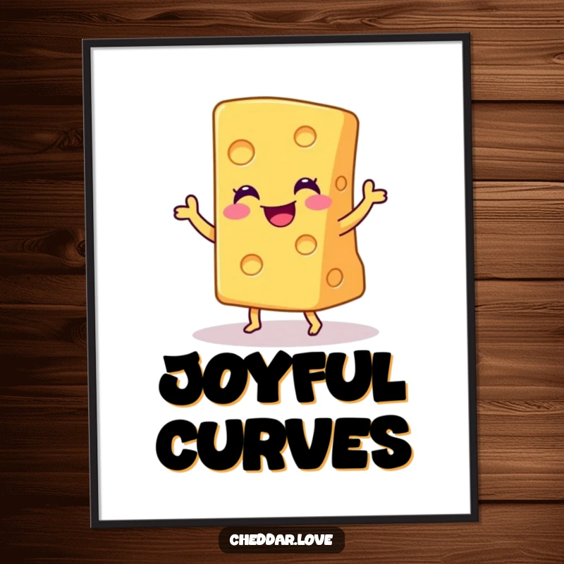 Funny digital art print of a smiling wedge of cheddar cheese doing a joyful little dance, full of happy energy.