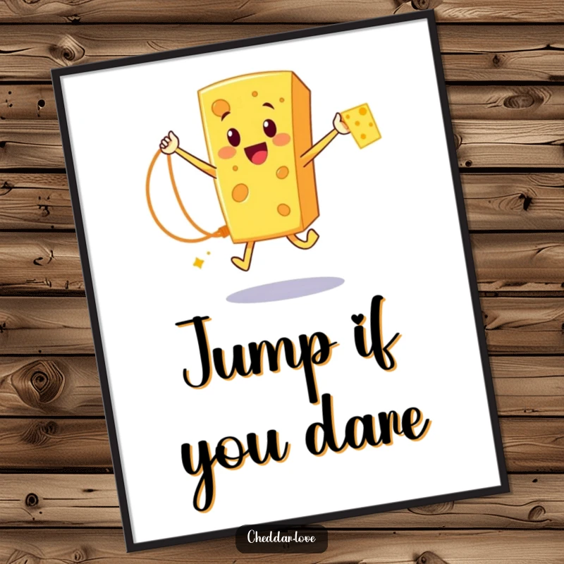 Funny Cheddar Cheese Digital Art: A happy cartoon cheese character energetically jumping rope with a strand of cheese, full of joy.