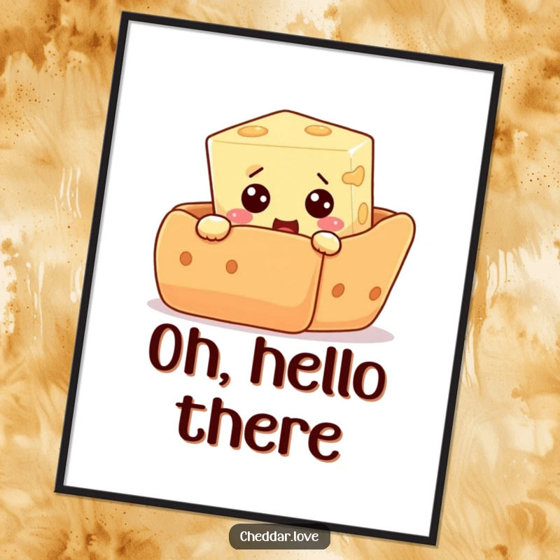 Funny digital art print of a curious cheese cube peeking from behind a giant cracker, expressing comical surprise and a love for snacks.