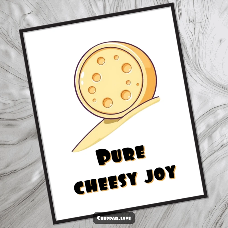 Funny digital art print of a cheese wheel joyfully rolling, perfect for adding a humorous and cheerful vibe to any digital display or print.