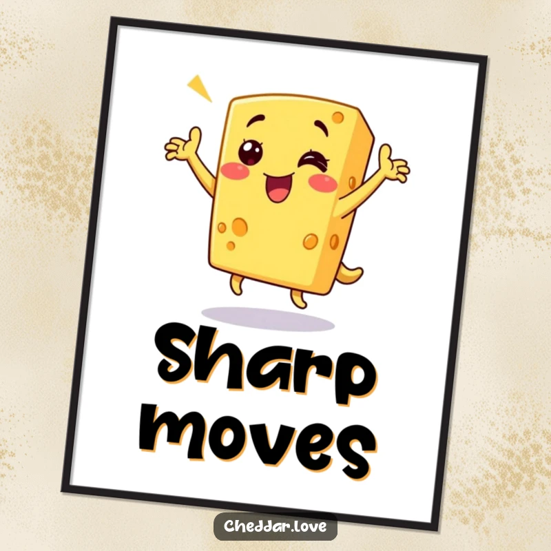 Funny cheese digital art print of a grinning cheese wedge dancing triumphantly, offering instant humorous food decor for screen readers.