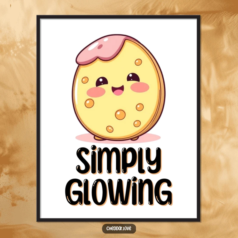 Funny digital art print of a cheese wheel blushing happily, perfect for instant wall decor and sweet, joyful vibes.