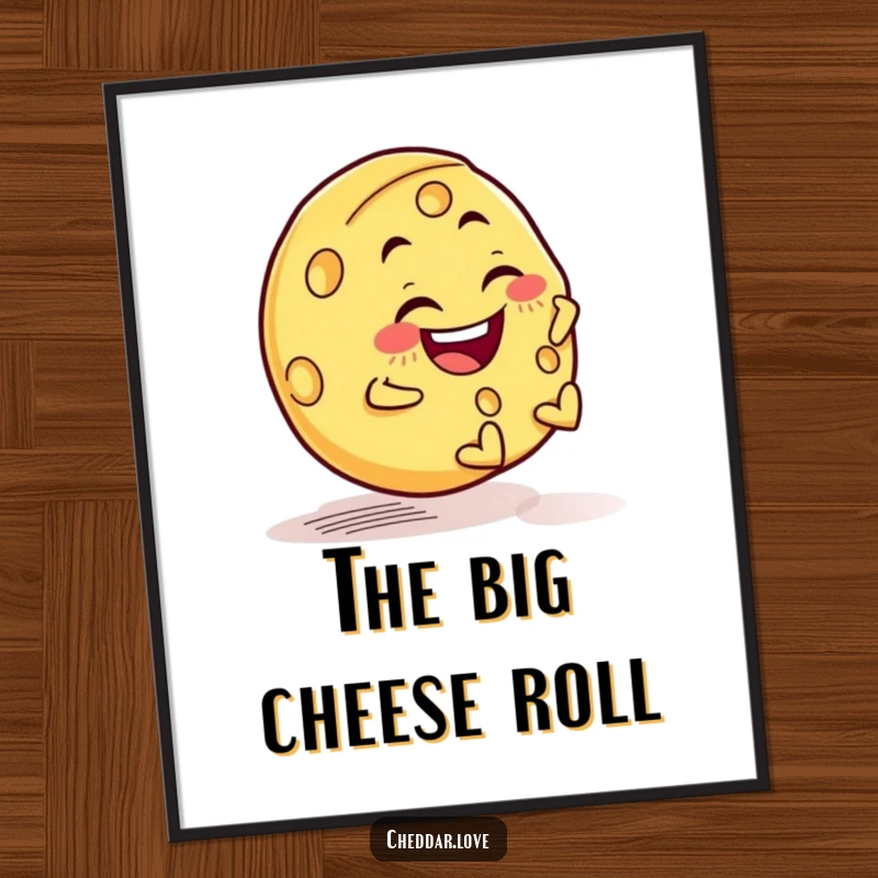 Funny digital art print of a cheese wheel joyfully rolling downhill with a mischievous grin, ready for printing.