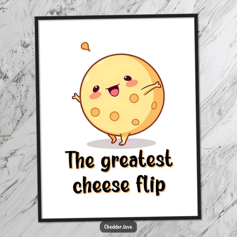 Funny digital art print: A round of cheese performs a cartwheel, humorous artwork for instant decor.