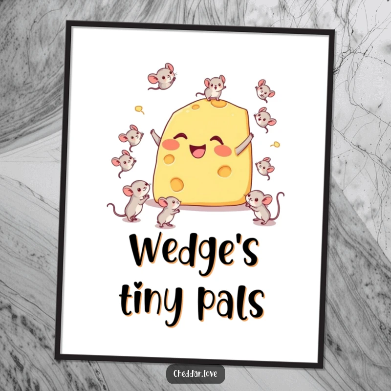 Funny digital art print of a happy cheese wedge comically juggling tiny mice, depicting a whimsical and humorous scene.