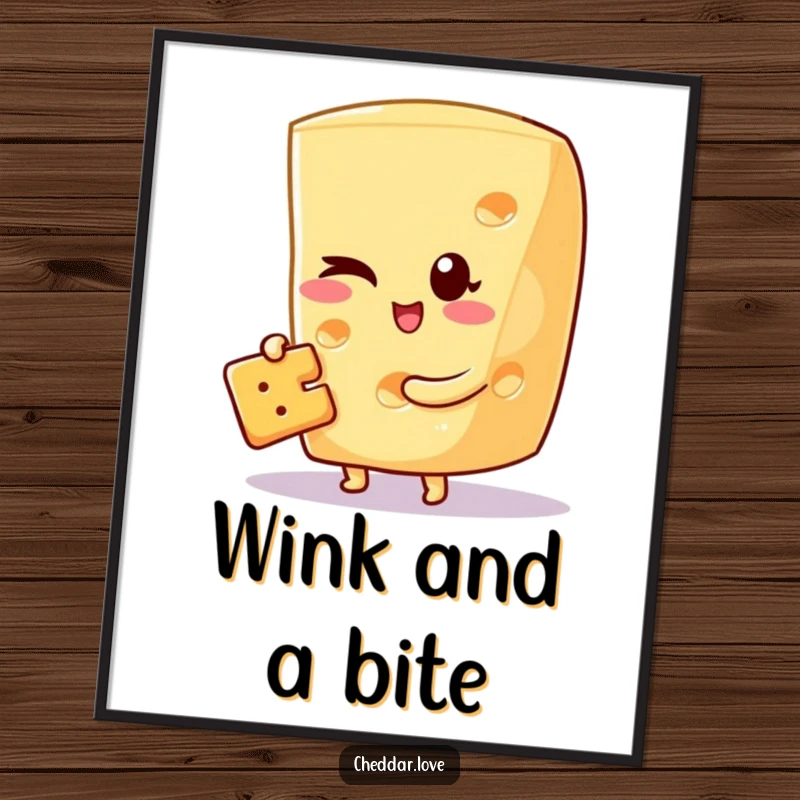 Funny digital art print of a cheese wedge winking with a cracker, perfect for instant wall decor and playful vibes.