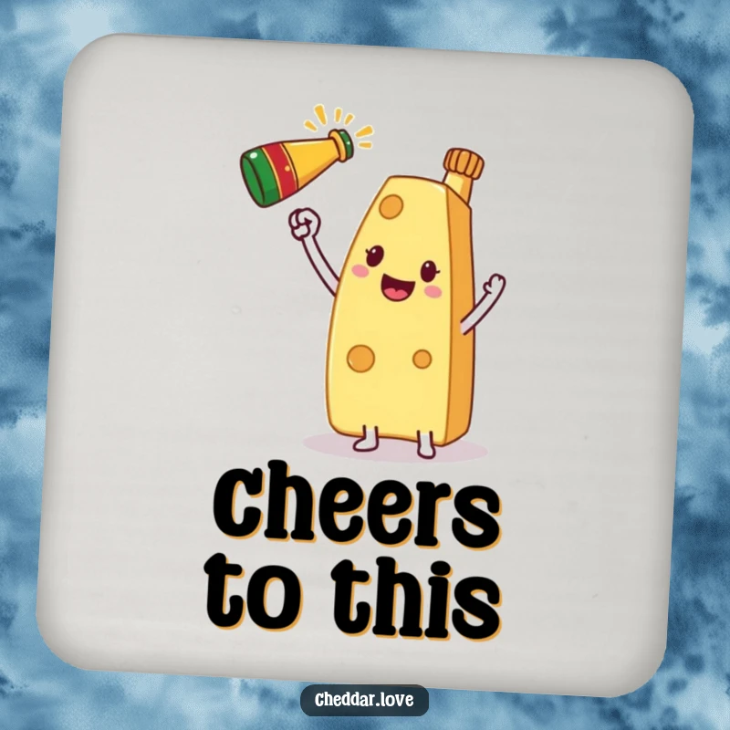 Funny Drink Coaster featuring a slice of cheese holding a champagne bottle, ready to celebrate anything.
