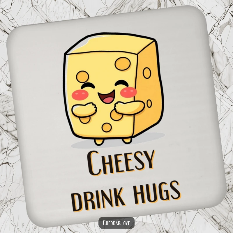 Funny happy cheese slice character offering a cheesy hug, a protective and humorous drink coaster.