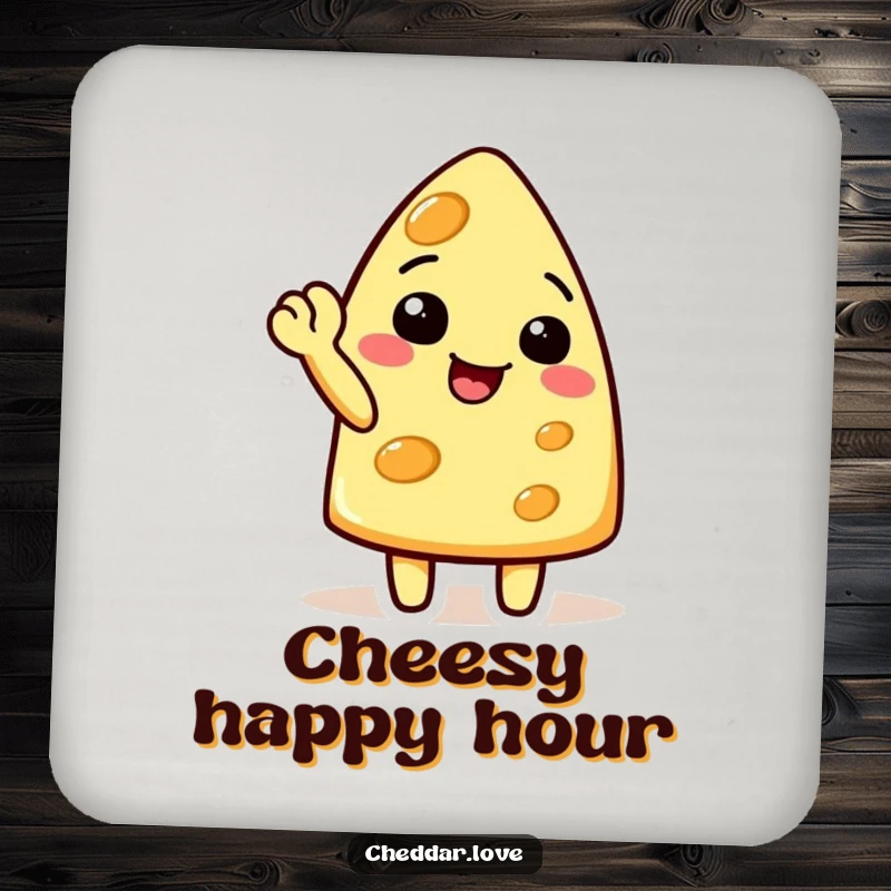 Funny cheese character doing a cheerful wave with a raised corner, on a humorous cheese drink coaster, protecting surfaces.