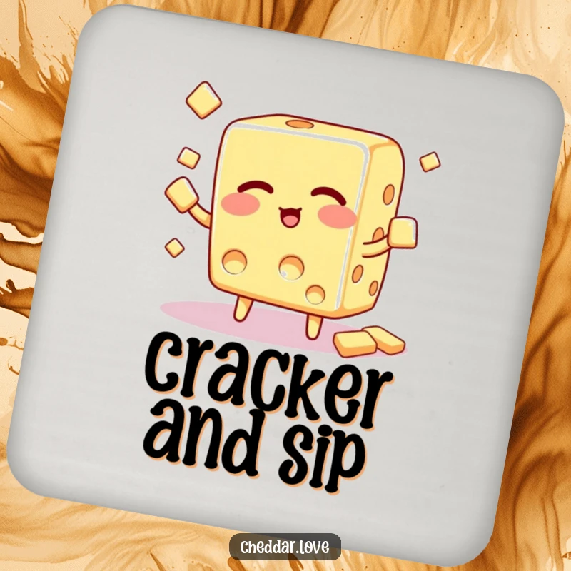 Funny Coasters: A winking cheese cube juggles small crackers, providing a humorous and protective touch to tabletops.