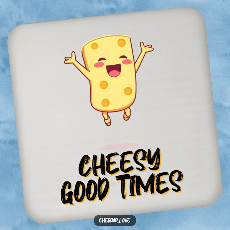 Funny drink coaster featuring a joyful cheese chunk leaping in the air with sheer excitement, protecting surfaces with cheesy flair.
