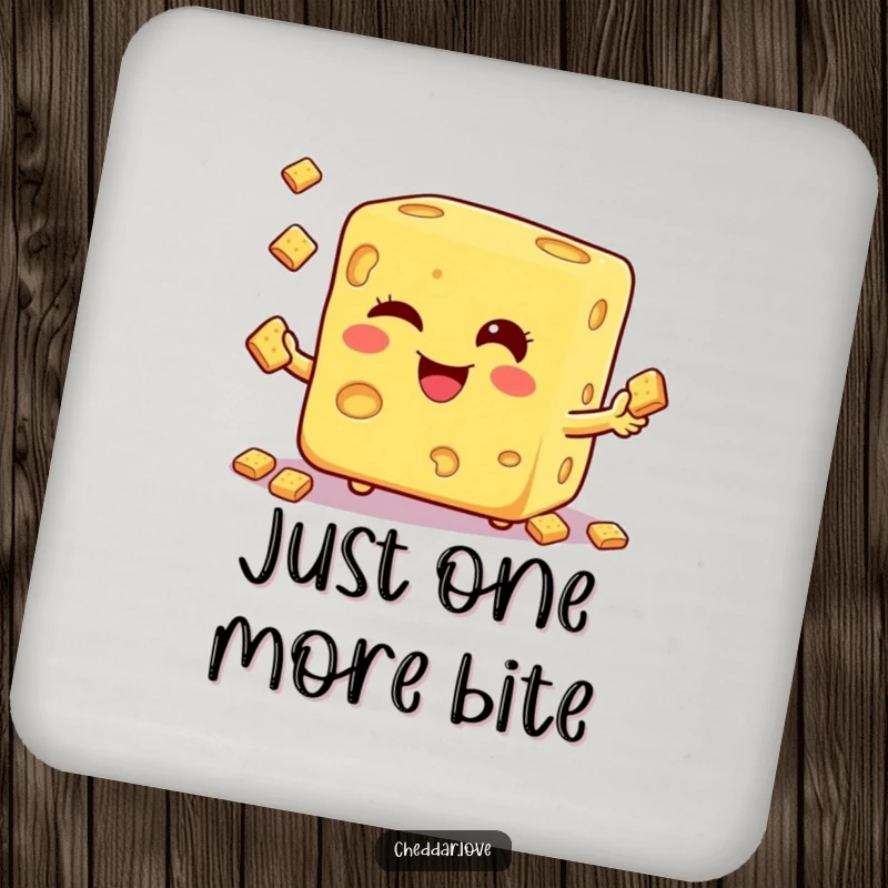 Funny drink coaster with a winking cheese cube juggling crackers, adding a playful touch to any table surface.