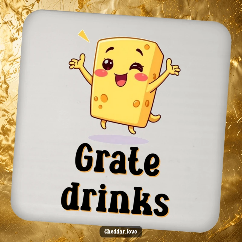 Funny cheese drink coasters featuring a grinning cheese wedge dancing, perfect for protecting furniture with humorous food flair.