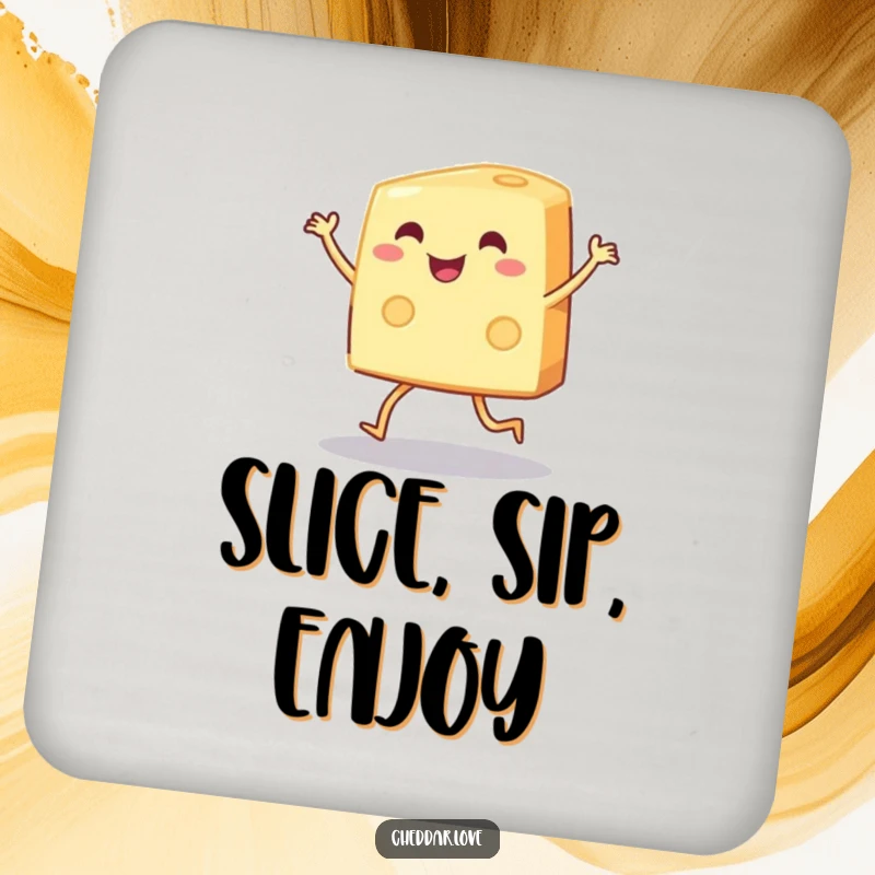 Funny wedge of cheese dancing on a coaster, perfect for a funny gift.