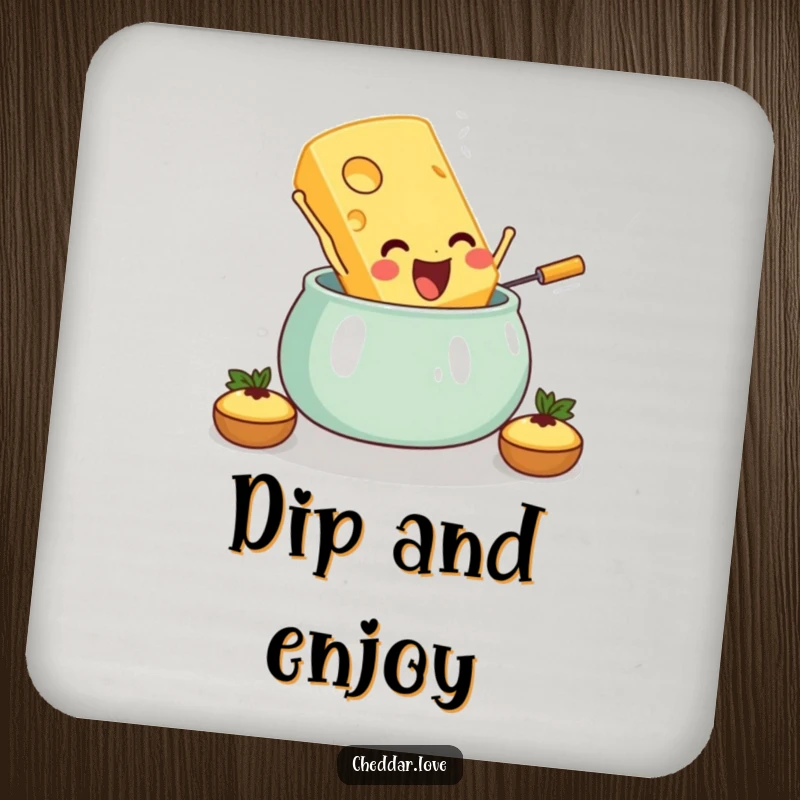 Funny drink coasters depicting a cheese slice diving into fondue, protecting furniture with cheesy style.