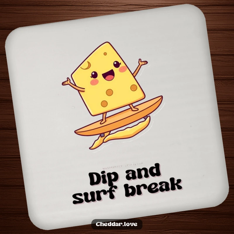 Funny drink coaster showcasing a cheese wedge balancing on a potato chip, adding a humorous touch to any surface.