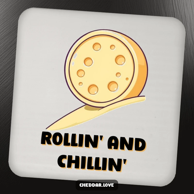 Funny coaster with a cheese wheel rolling, providing surface protection with a playful and humorous design.