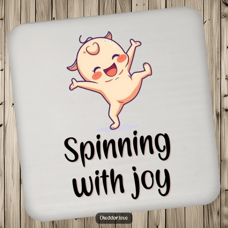 Funny drink coasters depicting a joyful cheese character doing a cartwheel, protecting surfaces with cheesy charm.