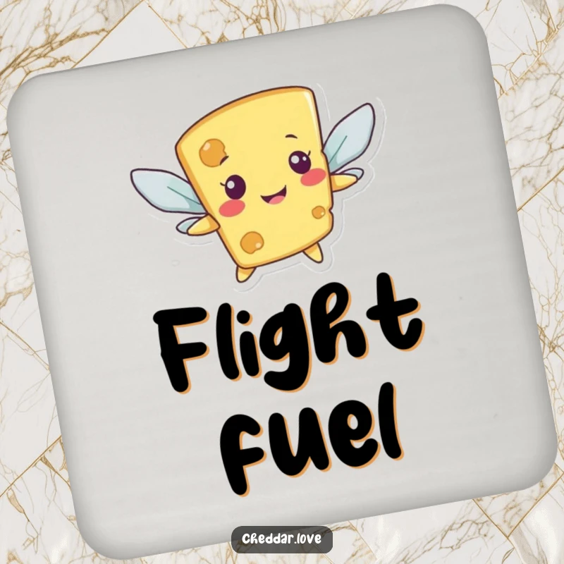 Funny drink coaster featuring a smiling cheese character awkwardly flying with cracker wings, protecting surfaces humorously.