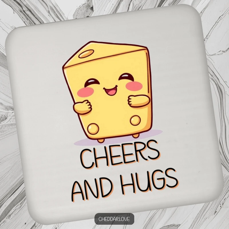 Funny drink coaster showing a smiling cheese wedge giving a warm hug, protecting surfaces with cheesy affection and humor.