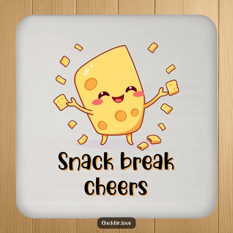 Funny coaster with a cheese character juggling crackers, providing surface protection with a skillful and humorous design.