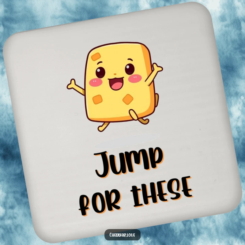 Funny Drink Coaster featuring a cheerful piece of cheese with legs, jumping with enthusiasm, adding humor.