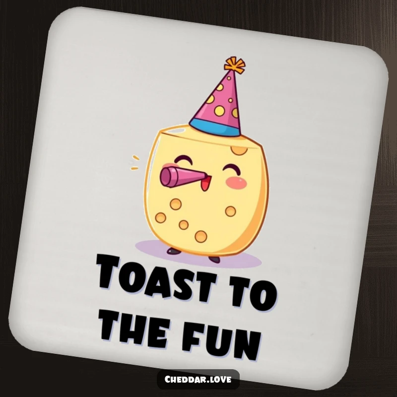 Funny drink coaster with a festive cheese wheel, party hat, and noisemaker. A fun funny gift.