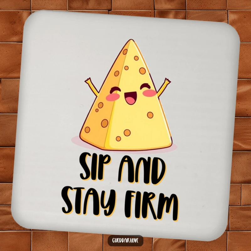Funny drink coaster with a cartoon cheese pyramid in a comical, exaggerated wobble, protecting surfaces.