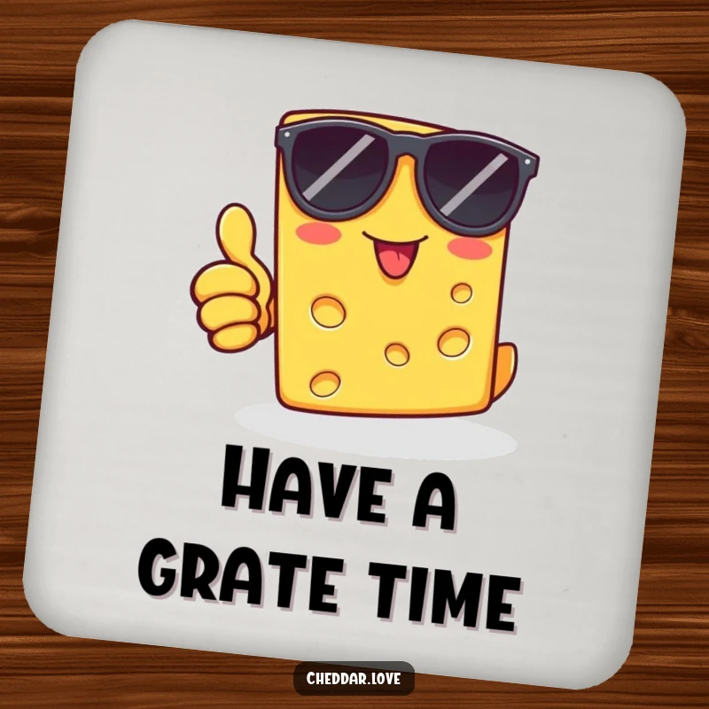Funny cheddar cheese slice in sunglasses, giving a thumbs-up, on a drink coaster, for cool and humorous table protection.