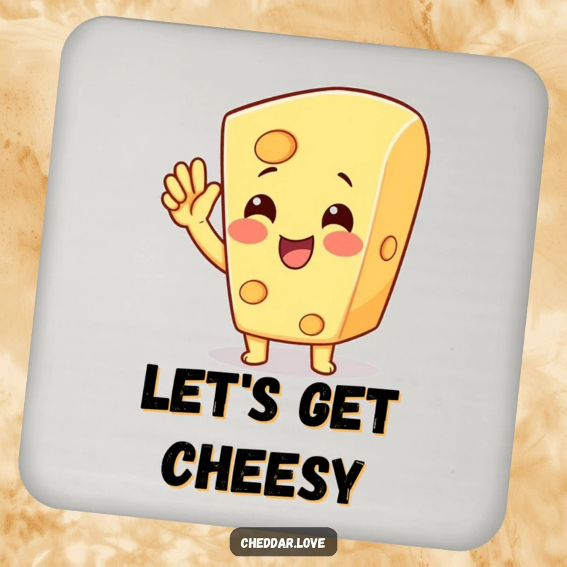 Funny cheese character cheering with a raised hand on a coaster, offering protection and cheer, a perfect funny gift.