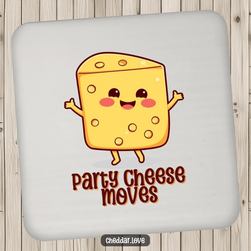 Funny smiling wedge of cheddar cheese doing a happy dance, a set of humorous drink coasters for cheesy decor.