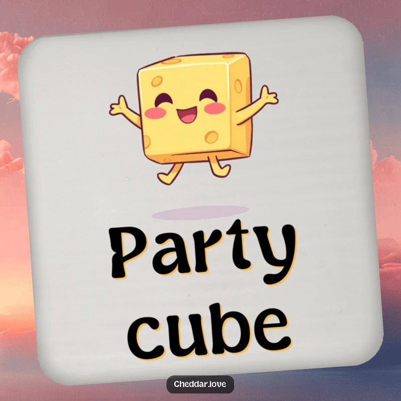 Funny happy cheese cube performing a playful jump, a coaster for drinks.