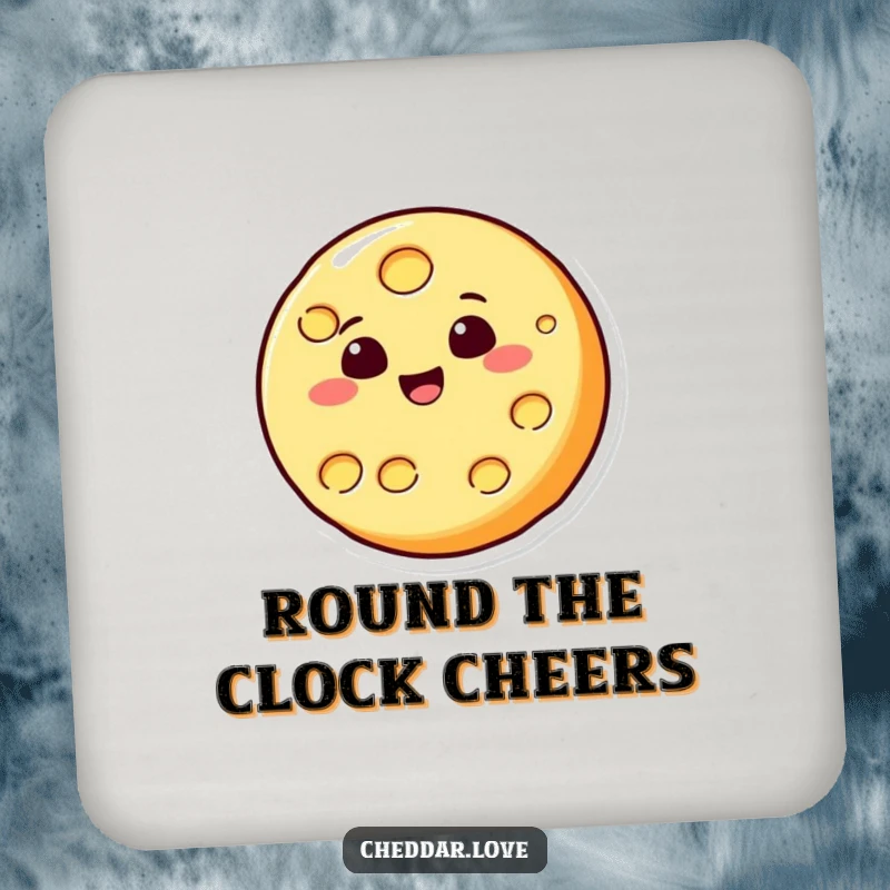 Funny drink coaster with a round cheese slice character bouncing energetically, protecting surfaces with a dose of cheesy humor.