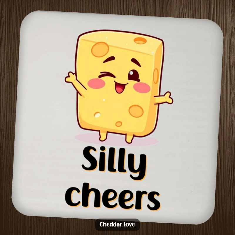 Funny drink coaster with a block of cheese winking playfully and striking a silly pose, protecting surfaces humorously.