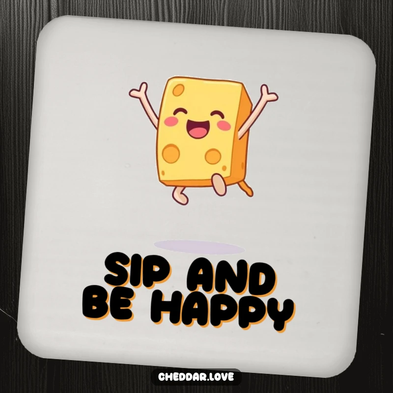 Funny drink coaster featuring a jubilant cheese block mid-leap, adding a touch of cheerful protection. A fun funny gift.