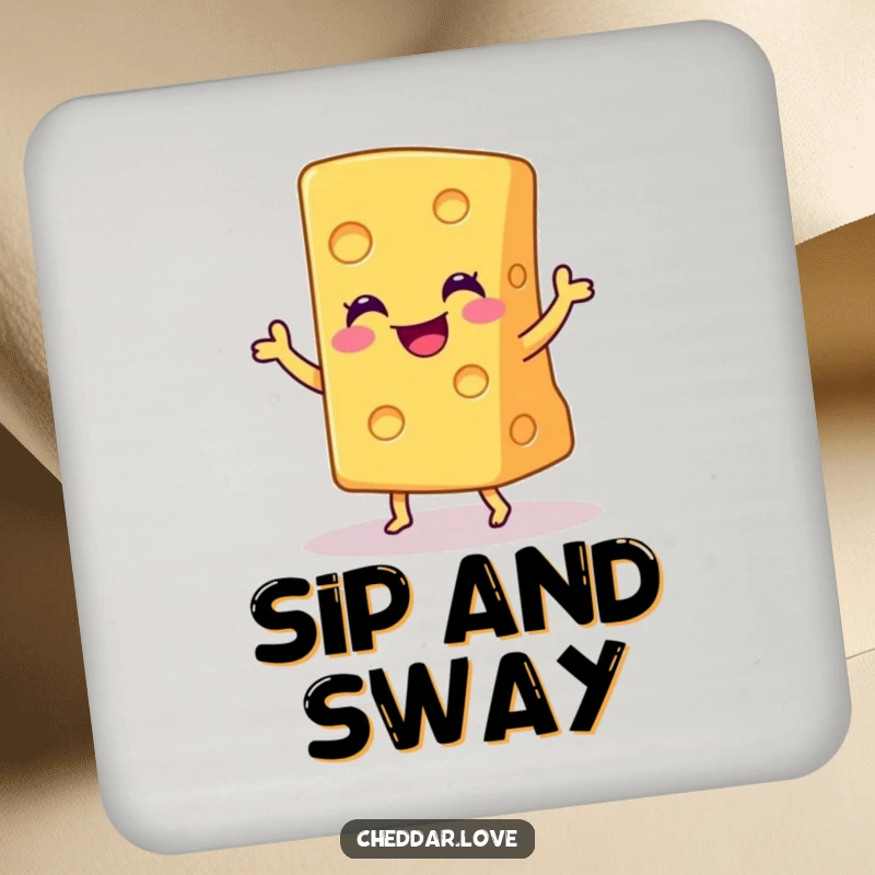 Funny drink coaster featuring a smiling wedge of cheddar cheese doing a joyful little dance, protecting surfaces humorously.