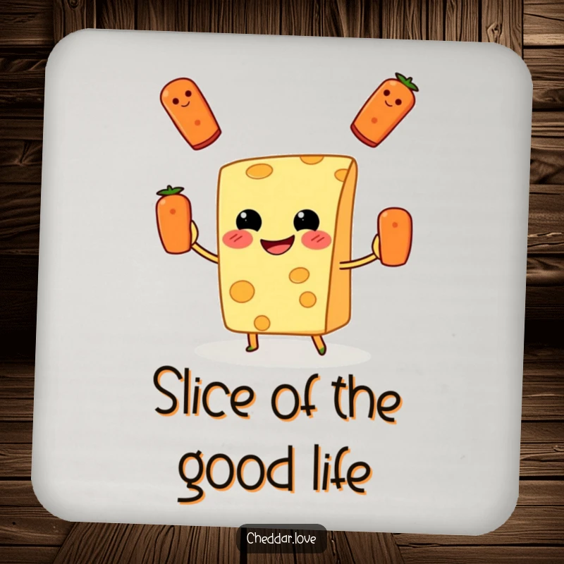 Funny Coaster: A grinning cheese slice juggles pepperoni, bringing edible fun and humor to surfaces.