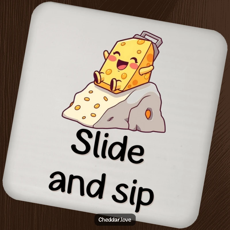 Funny Cheddar Cheese Coaster, happy character sliding down a cheese grater mountain, adding humor to drinks.
