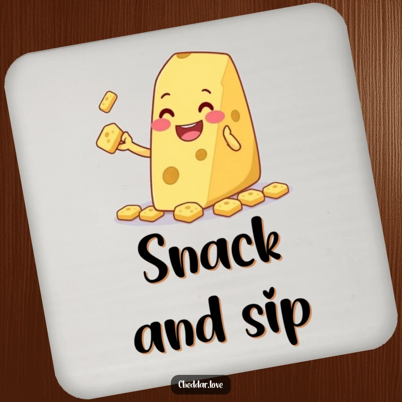 Funny cheese wedge grinning and juggling tiny crackers, on a drink coaster, for humorous surface protection with flair.