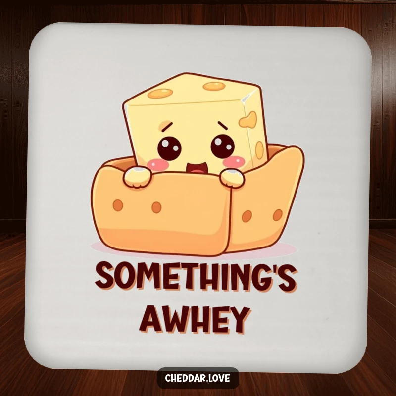 Funny drink coaster featuring a curious cheese cube peeking from behind a giant cracker, expressing comical surprise and protecting surfaces.