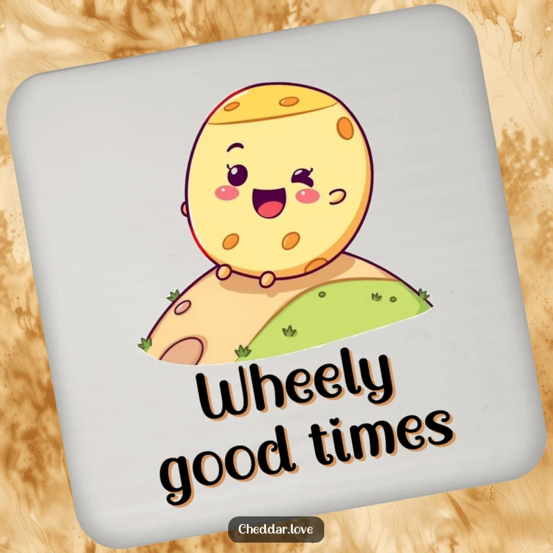 Funny cheese wheel coaster with a joyful rolling expression, protecting surfaces with a humorous and cheesy flair.