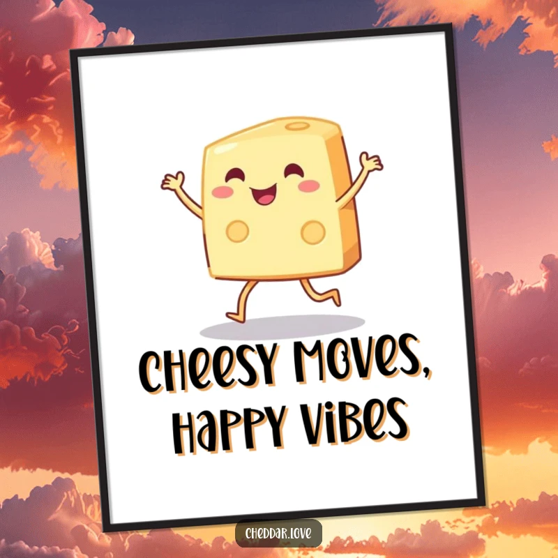 Funny wedge of cheese with tiny legs dancing joyfully, displayed as vibrant poster art, funny gift.
