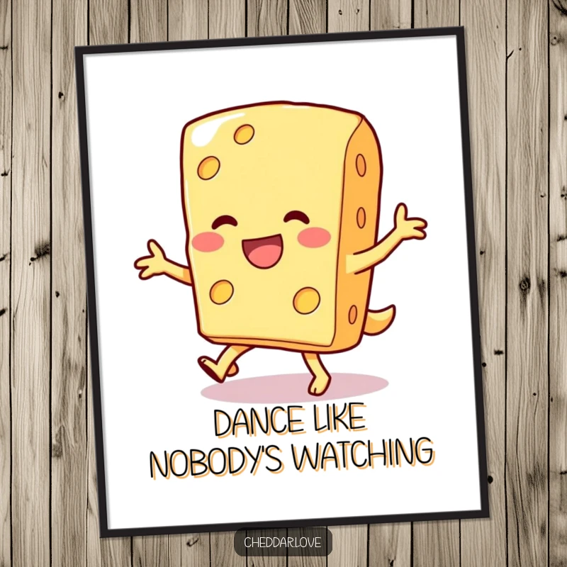 Funny poster of a smiling cheese wedge performing a silly dance, bringing vibrant energy and humor to any room.