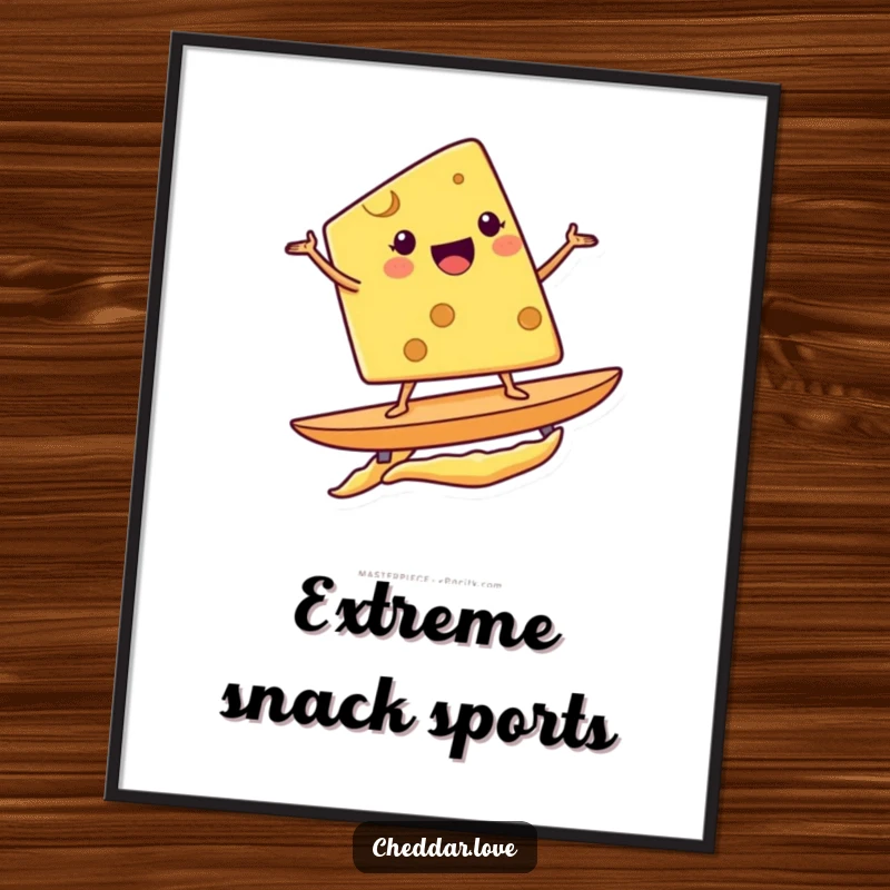 Funny poster illustration of a smiling cheese wedge with goggles, surfing a giant potato chip with enthusiasm.