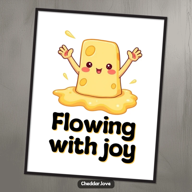 Funny poster of a melted cheese puddle with arms waving enthusiastically, bringing warmth and humor to decor.