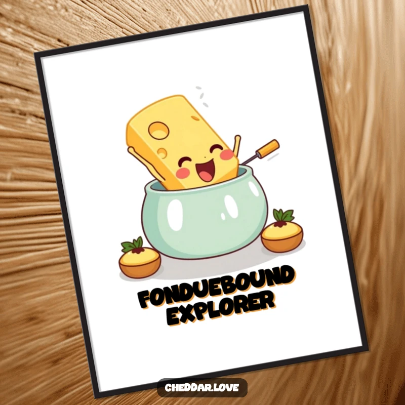 Funny poster art of a cheese slice joyfully diving into a fondue pot, capturing a moment of cheesy adventure.