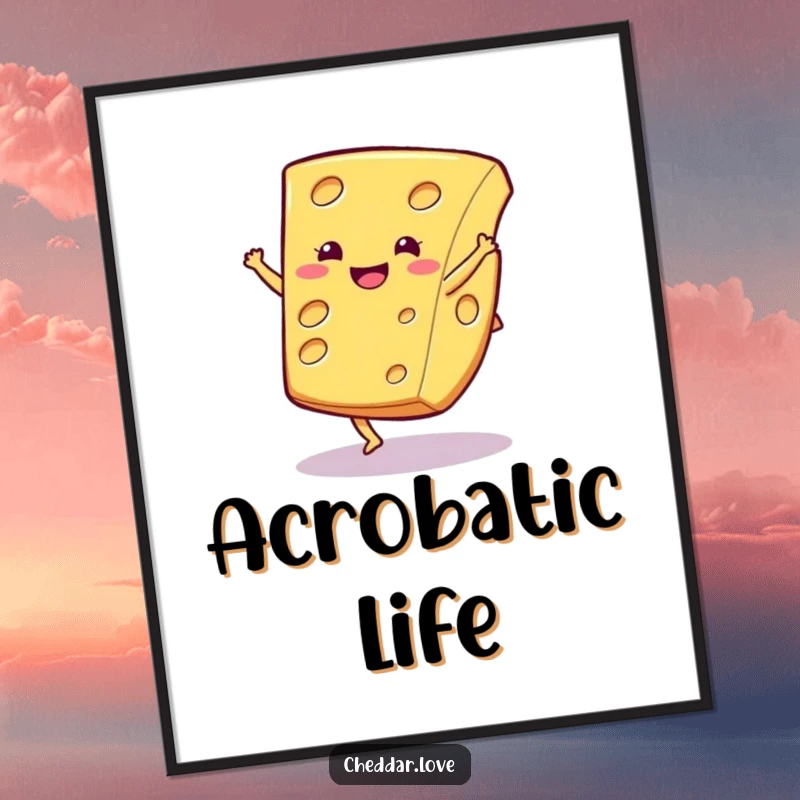 Funny cheese poster, a smiling cheese slice doing a cartwheel, capturing a moment of pure acrobatic joy.